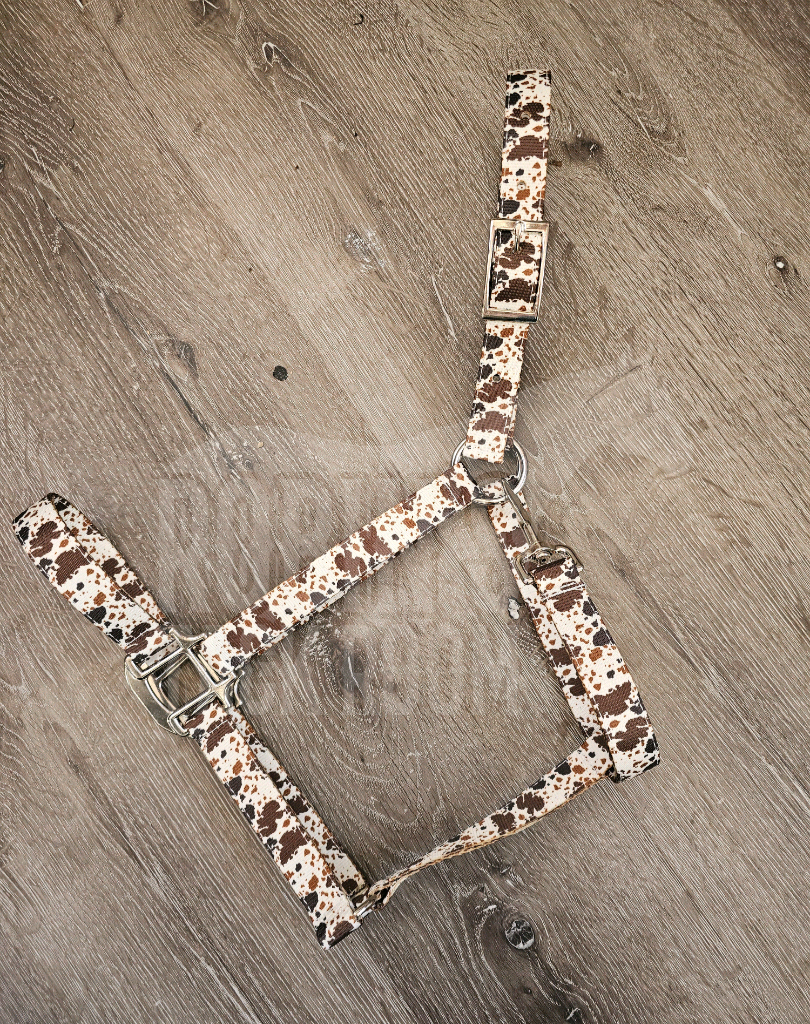 Brown and white cowprint halter