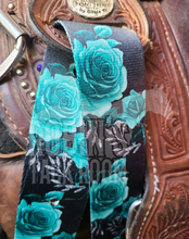 Load image into Gallery viewer, Black and teal roses latigo and off billet set
