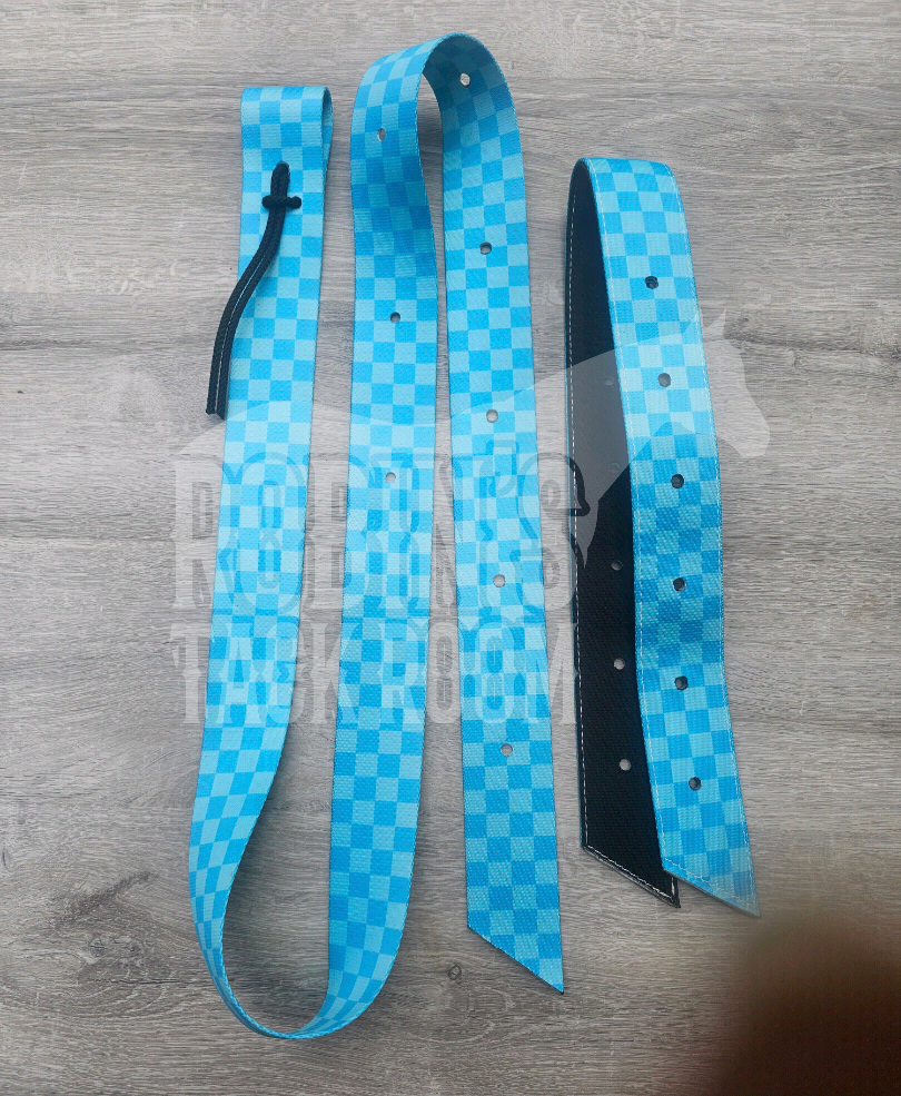 Blue checkered latigo and off billet set