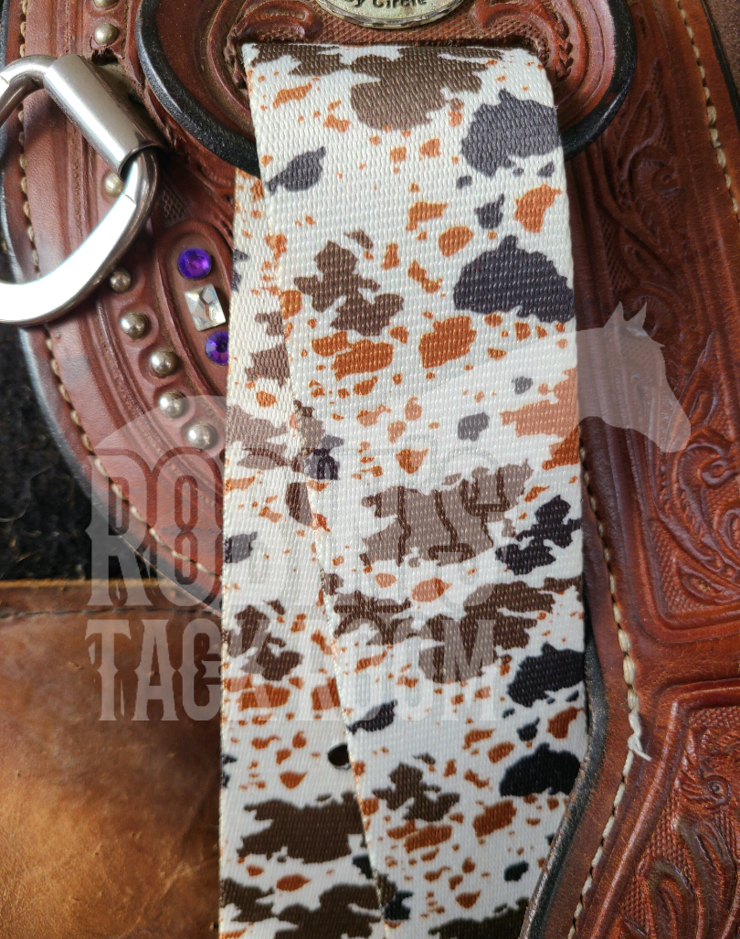 Brown and white cowprint latigo and off billet set