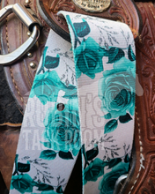 Load image into Gallery viewer, White and teal roses latigo and off billet set
